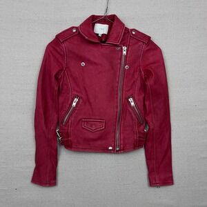 IRO Red Ashville Lambs Leather Rayon Lined Cropped Moto Jacket Women's Size 36